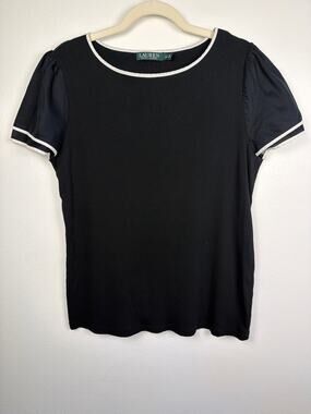LAUREN Ralph Lauren Womens Black Ribbed Short Sleeve 100% Cotton Top White Trim